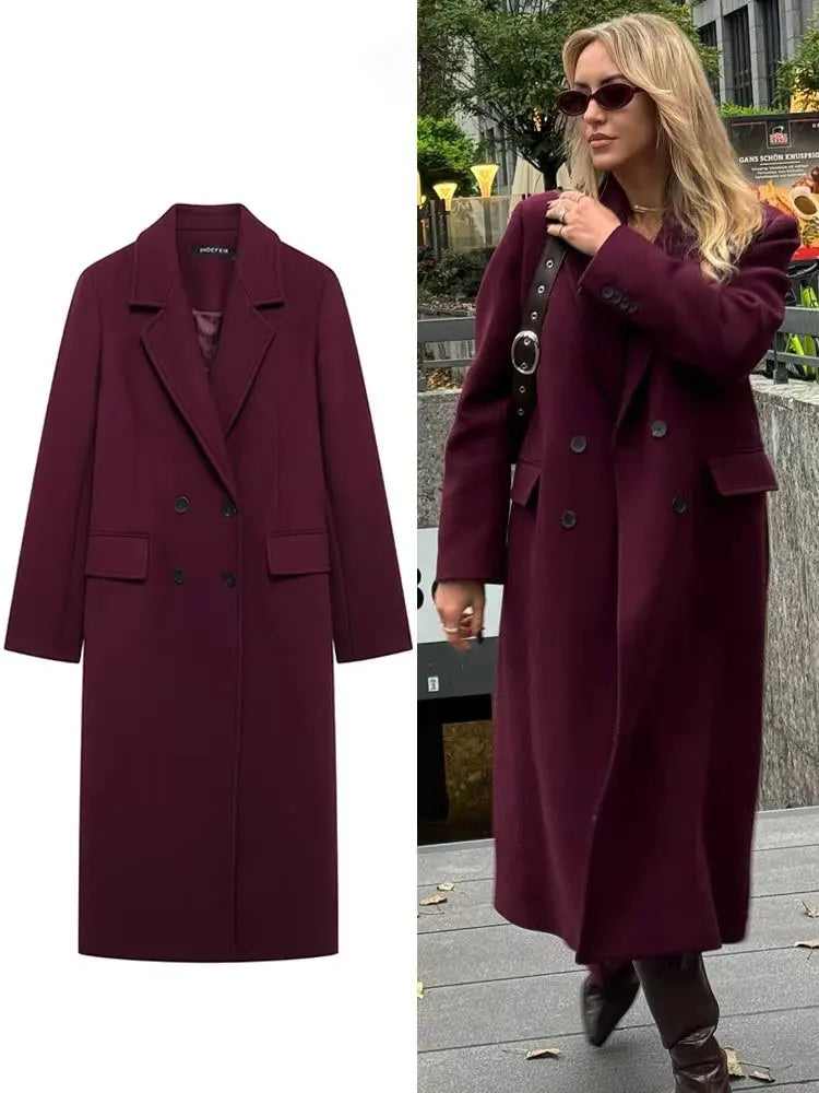 HH – Manteau Long Femme Double Boutonnage, Col Revers, Style High Street Automne-Hiver