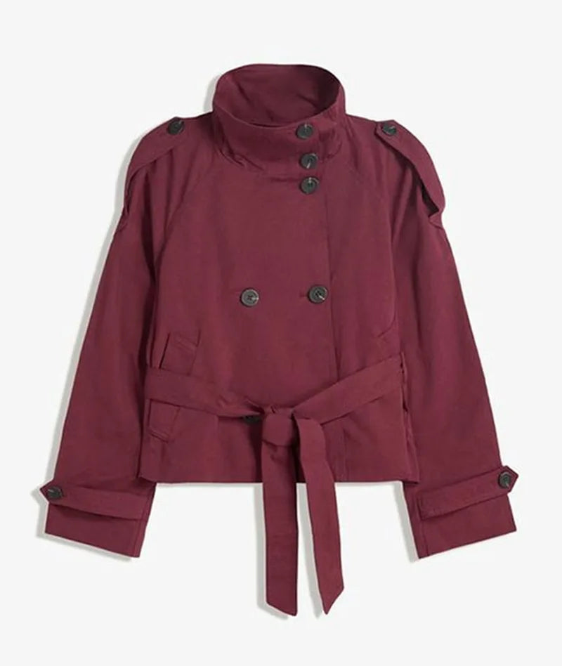 New Women's Solid Color Trench Coat Stand Collar Double Breasted Waist Tie Elegant Commuter Casual Loose Comfortable Warm Outfit