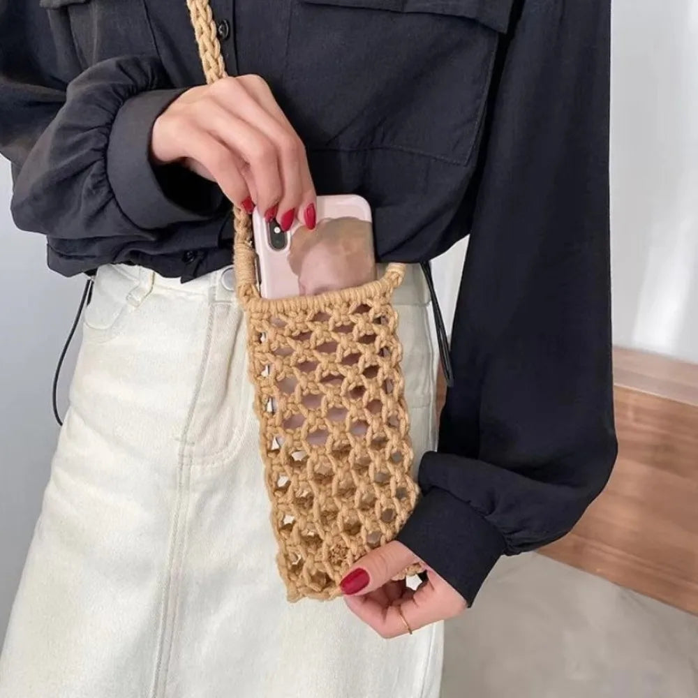 Fashion Portable Crossbody Phone Bag Hollow-out Woven Solid Color Shoulder Bags Crochet Lightweight Phone Purse Gifts