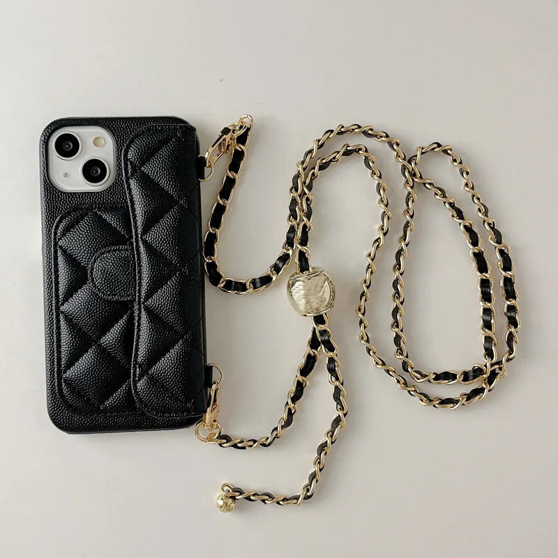 Coque iPhone Cuir PU Texture Litchi – Portefeuille, Bandoulière & Porte-Carte