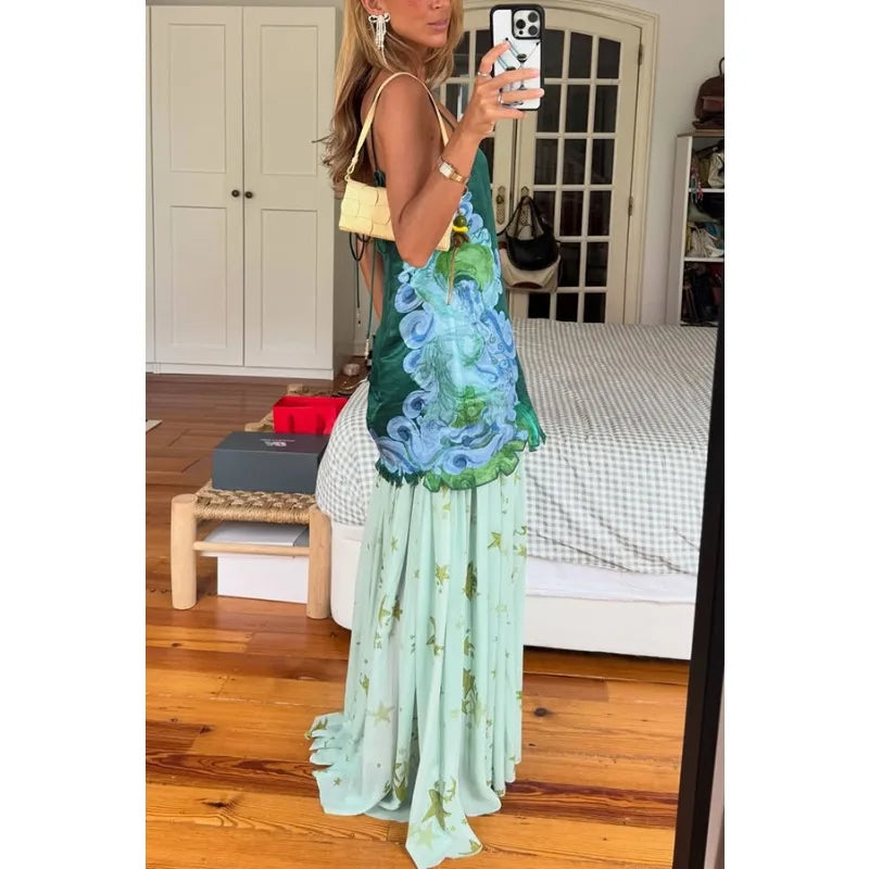 Ensemble 2 Pièces Femme – Top Épaules Dénudées & Jupe Chiffon Imprimée