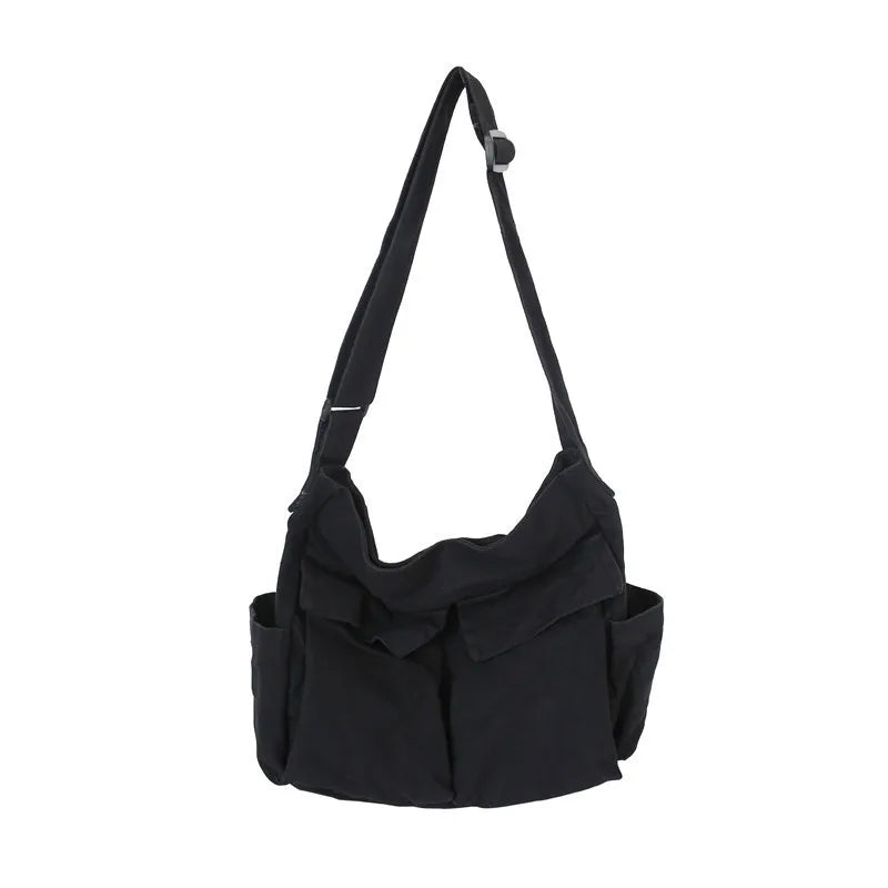 Sac Bandoulière Toile Grande Capacité – Style Rétro Preppy, Mixte, Sac Messenger Étudiant
