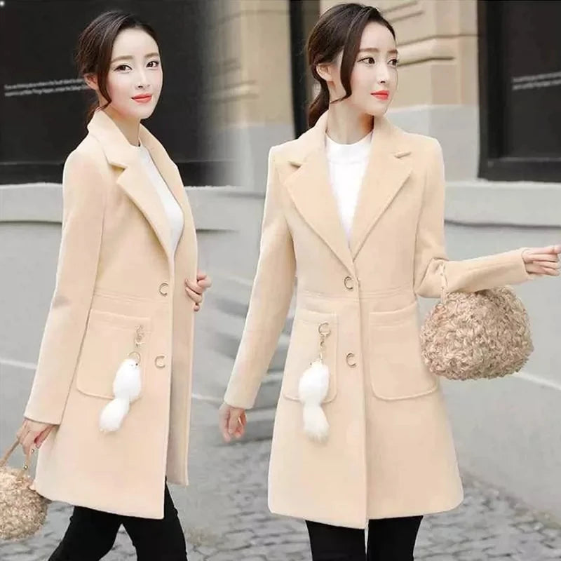 Manteau Long en Laine Femme – Col Tailleur, Coupe Ajustée, Style Automne-Hiver