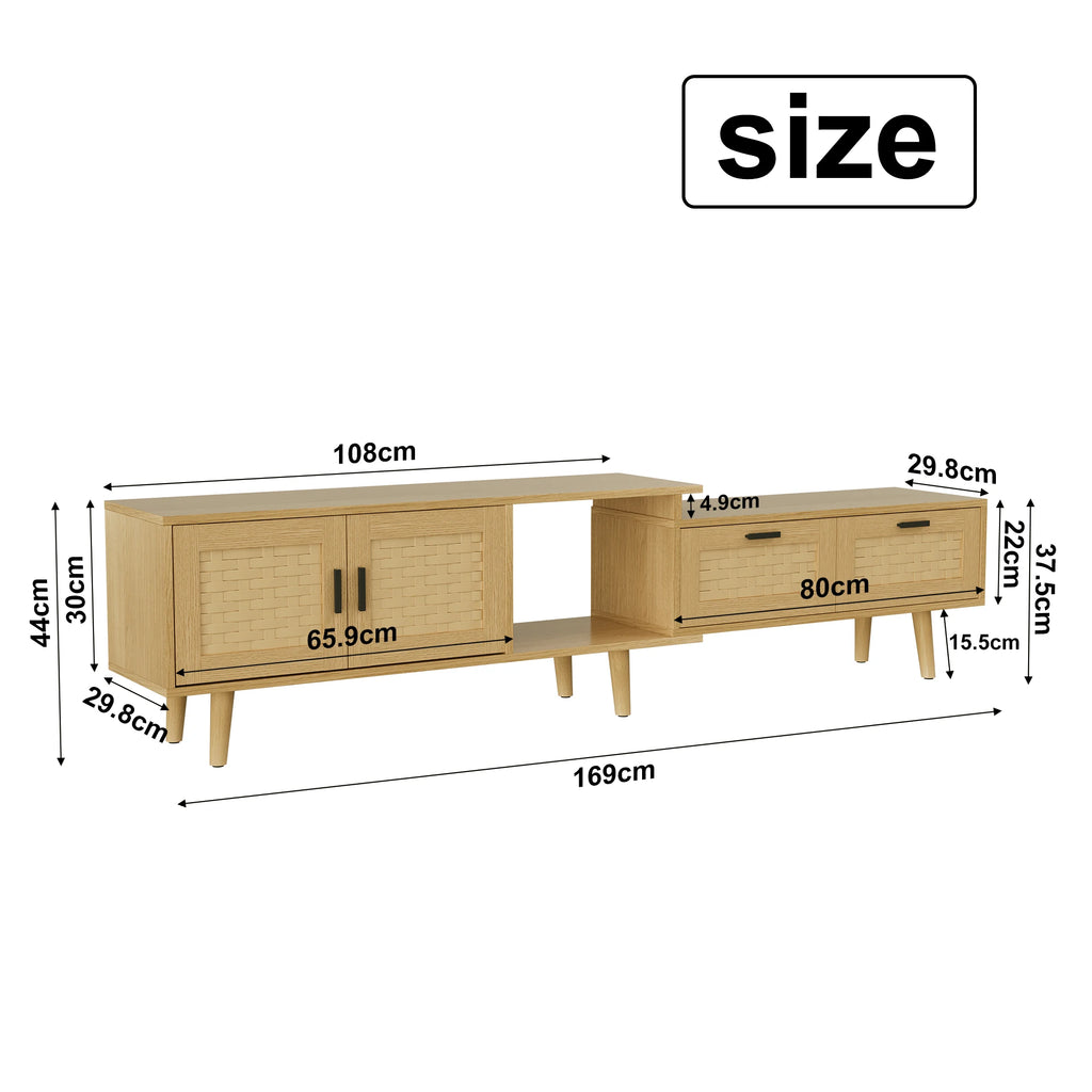 Meuble TV Extensible 146-180 cm – 2 Tiroirs & Portes Rotin | Bois Massif Salon