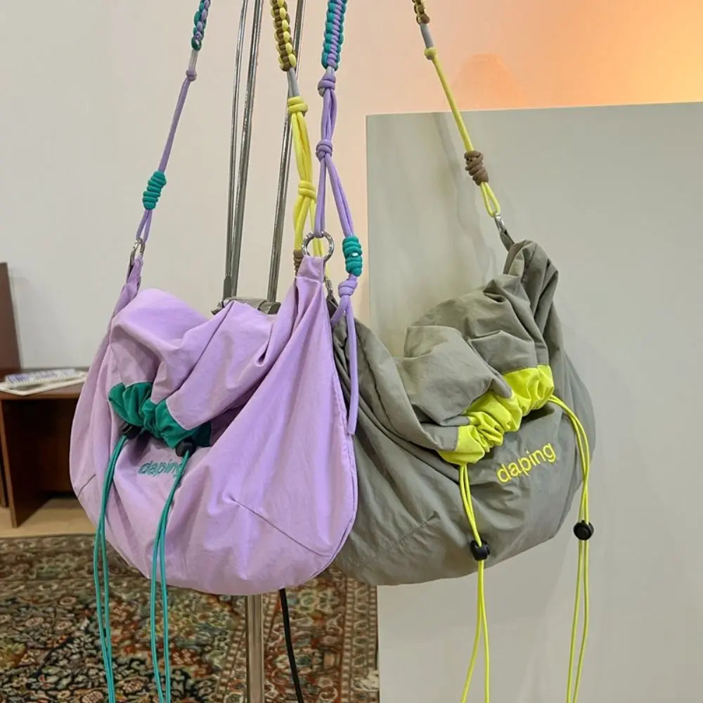 Leisure Lightweight Shoulder Bag Letter Contrast Color Crossbody Bag Large Capacity Nylon Drawstring Bag Girls