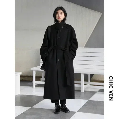 Long Manteau Trench en Laine Femme – Col Montant, Ceinture Lacets, Manches Raglan