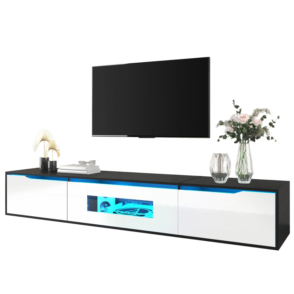 Meuble TV Haute Brillance 180x35x30 cm – LED 16 Couleurs USB | Mural ou Sol | Noir & Blanc | 60 kg