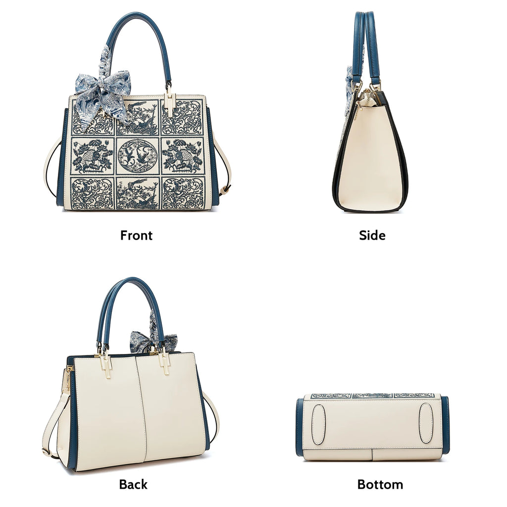 FOXER Split Leather 2026 New Large Tote Handbag Women's Shoulder Bag Chinese Classic Embroidery Best Gift for Mom