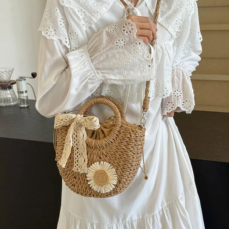Sac de Plage Femme Yogodlns – Paille Rotin Tressé Main Demi-Lune, Nœud & Ruban, Style Bohème, 2 Coloris