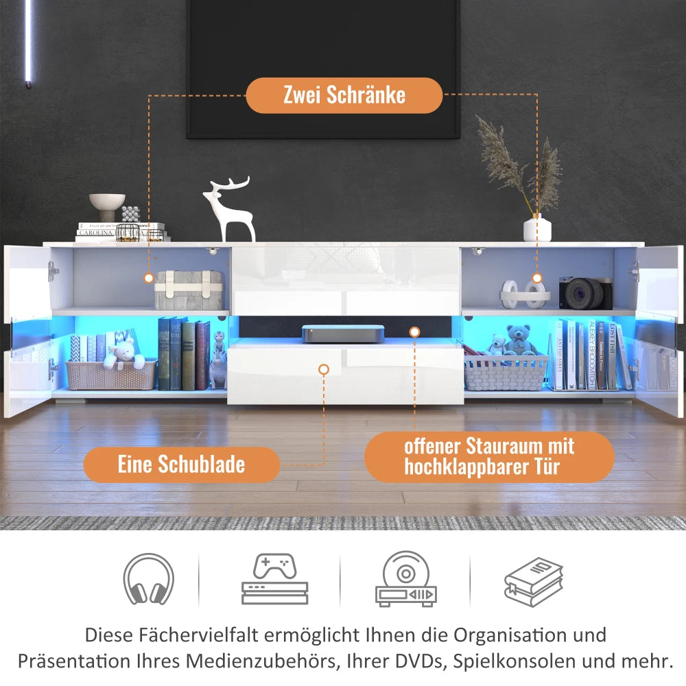 Armoire TV Haute Brillance 160x39x45 cm – LED | 2 Portes Acrylique | 1 Tiroir | TV 70" | Blanc ou Noir