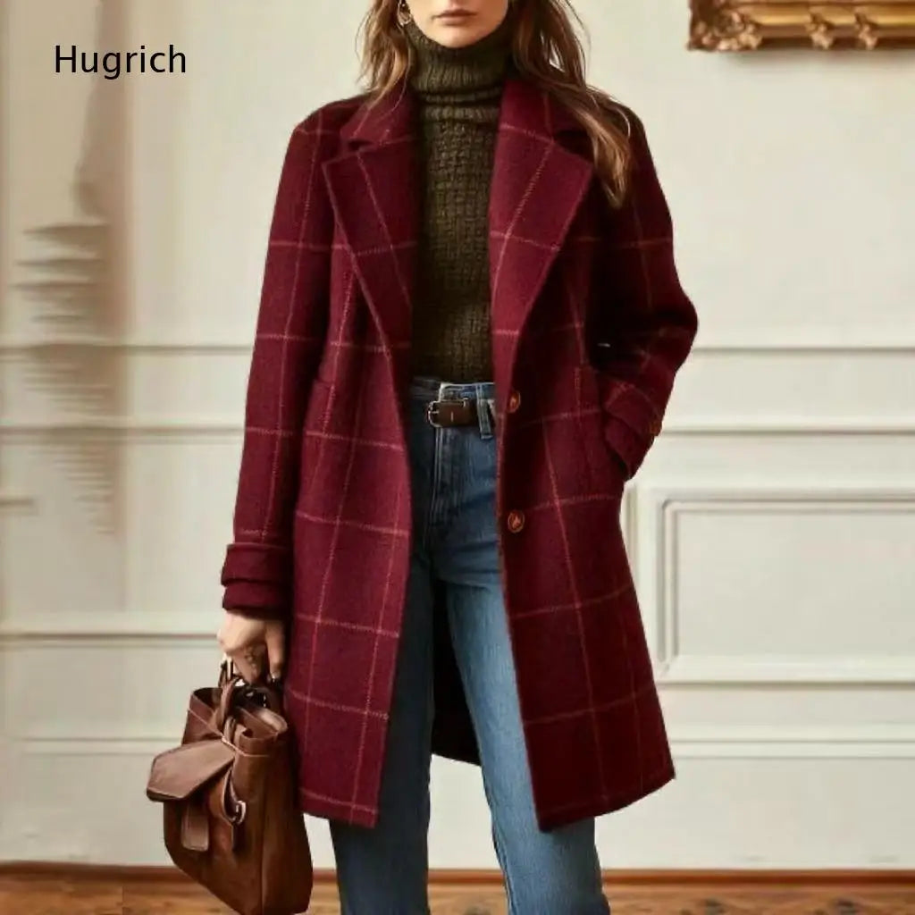 Manteau Mi-Long Femme À Carreaux – Mélange Laine, Coupe Ample, Poches | Hiver
