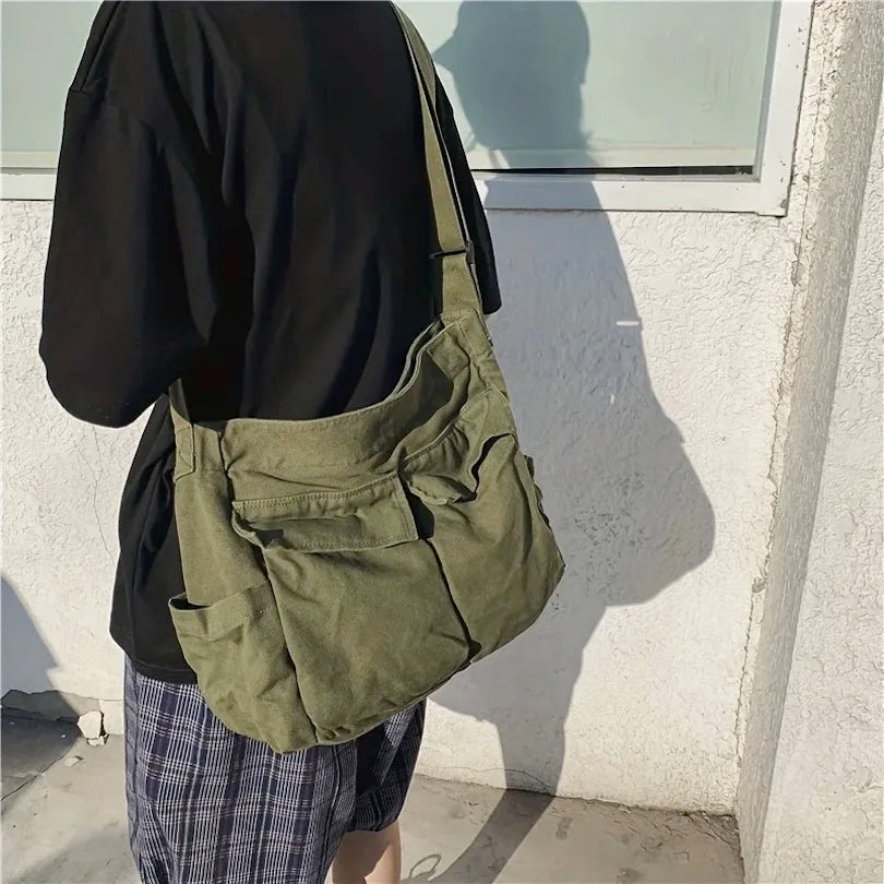 Sac Bandoulière Toile Grande Capacité – Style Rétro Preppy, Mixte, Sac Messenger Étudiant