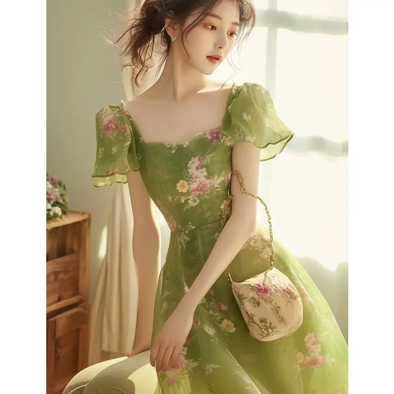 Robe Longue Chiffon Imprimé Floral Femme – Style Français Féerique, Vacances Été