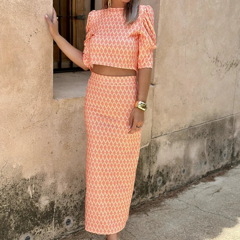 Ensemble 2 Pièces Femme – Top Manches Bouffantes & Robe Fendue, Imprimé Géométrique, Style Chic Été