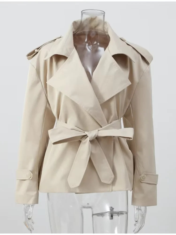 Solid Lace Up Short Windbreaker Women Elegant Full Sleeve Button Loose Chic Trench Coat New Office Lady Daily Commute Outwear