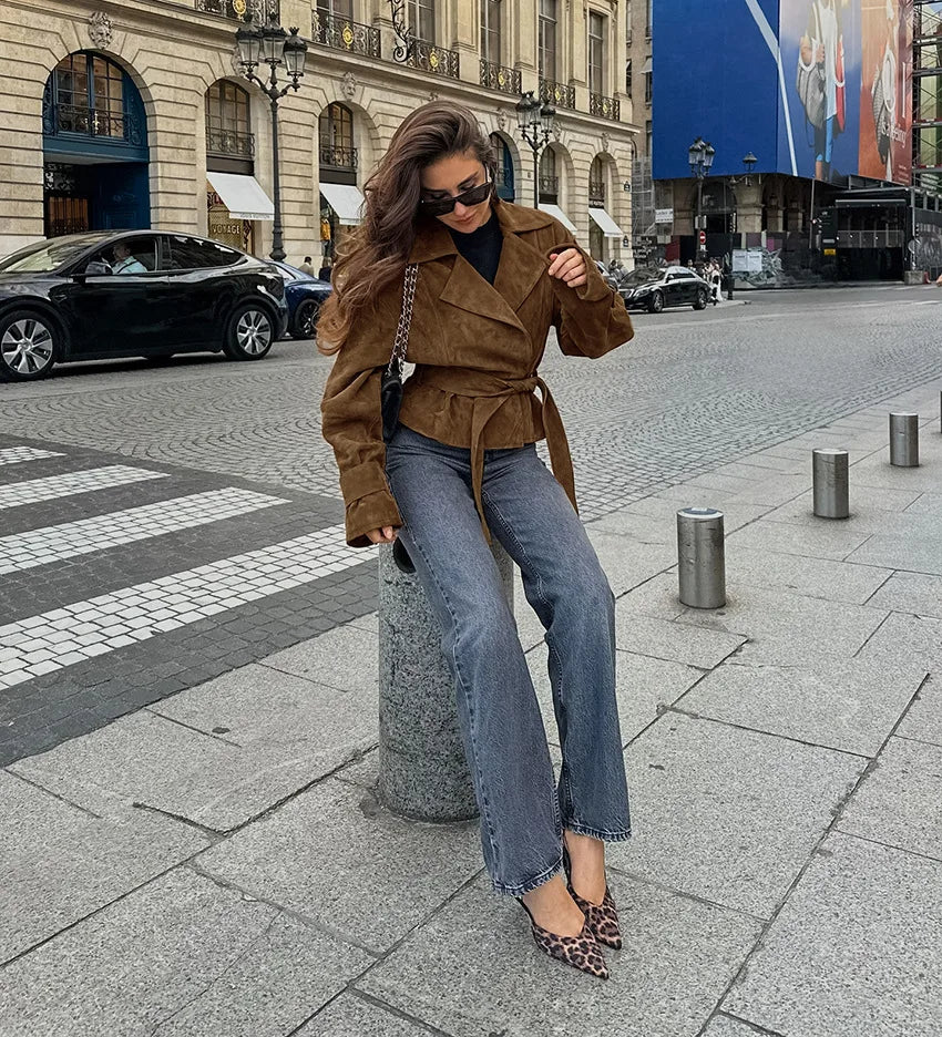 Veste Bomber Femme HKOX Suède Vintage – Ceinture | Double Boutonnage | Col Rabattu | Oversize | Marron | S-L