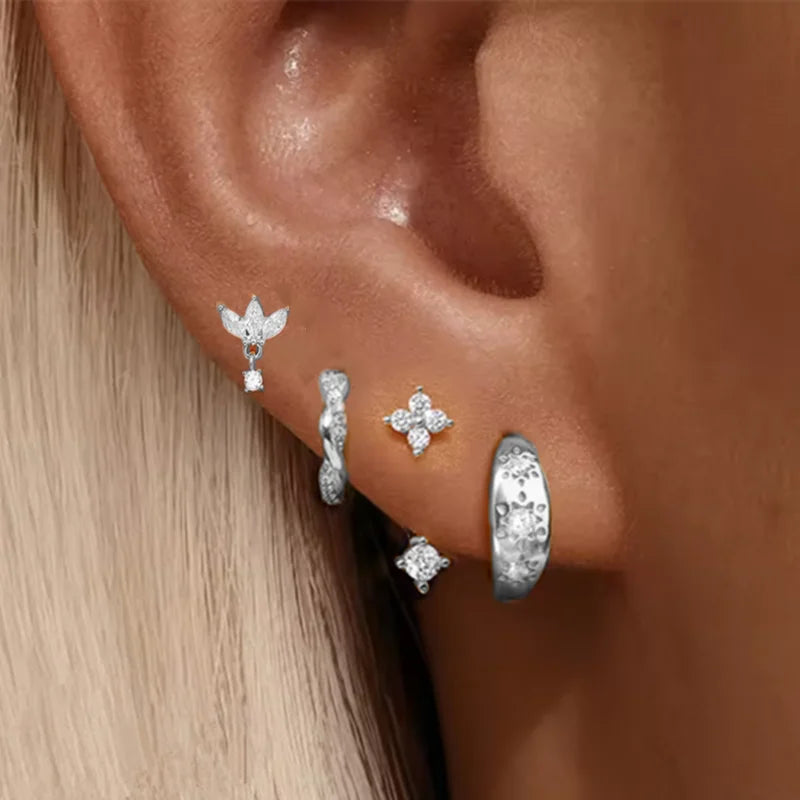 Lot de 4 Boucles d'Oreilles Créoles Zirconia – Étoile & Fleur, Acier Inoxydable, Femme