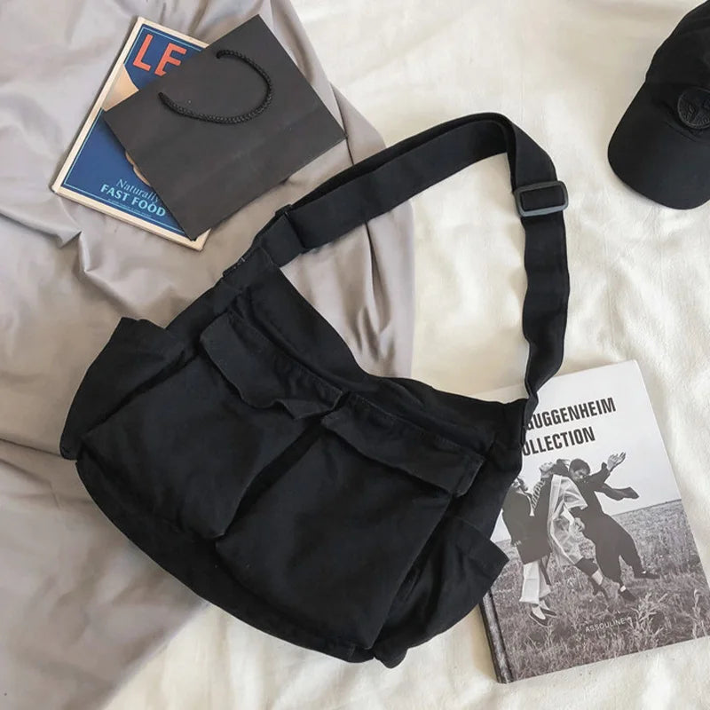 Sac Bandoulière Toile Grande Capacité – Style Rétro Preppy, Mixte, Sac Messenger Étudiant
