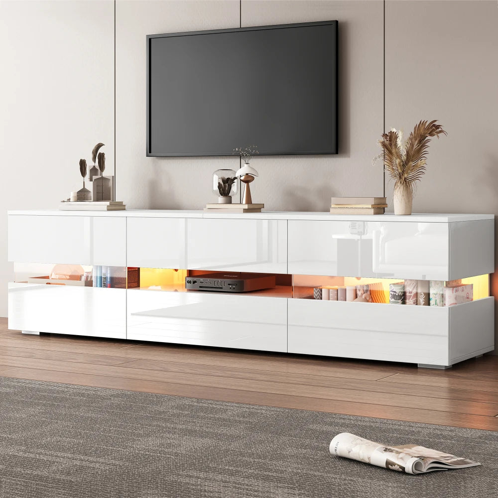Armoire TV Haute Brillance 160x39x45 cm – LED | 2 Portes Acrylique | 1 Tiroir | TV 70" | Blanc ou Noir