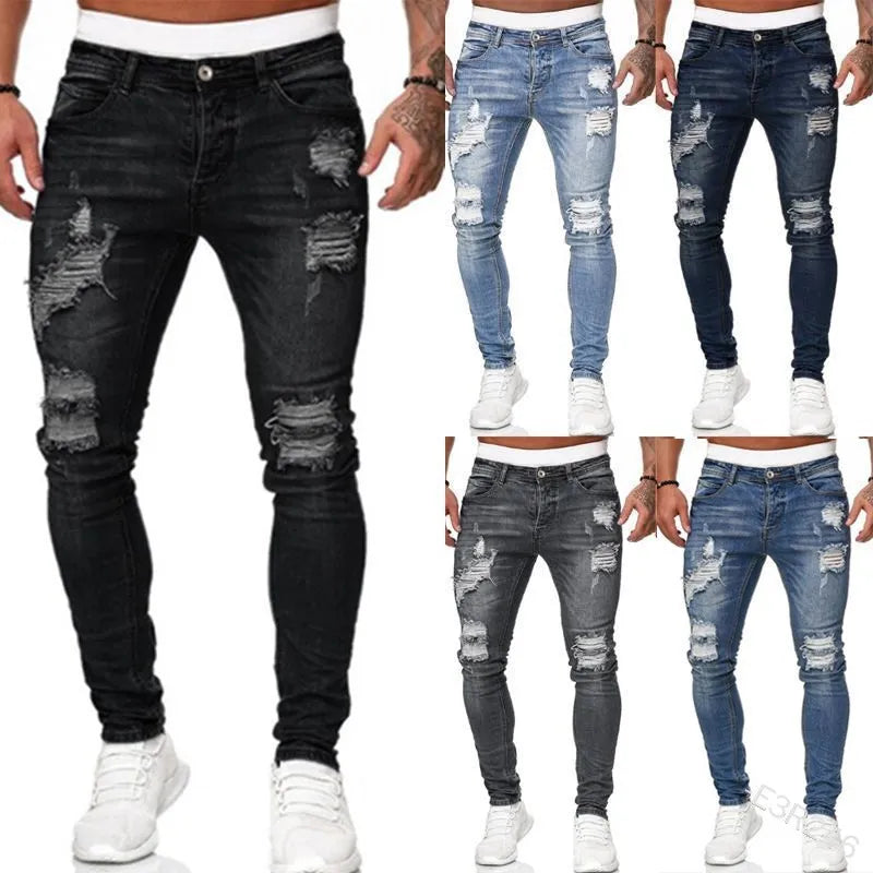 Fashion Street Style Ripped Skinny Jeans für Herren, Vintage-Waschung, unifarbene Denim-Hose, lässige Slim-Fit-Jeans, heiß begehrt
