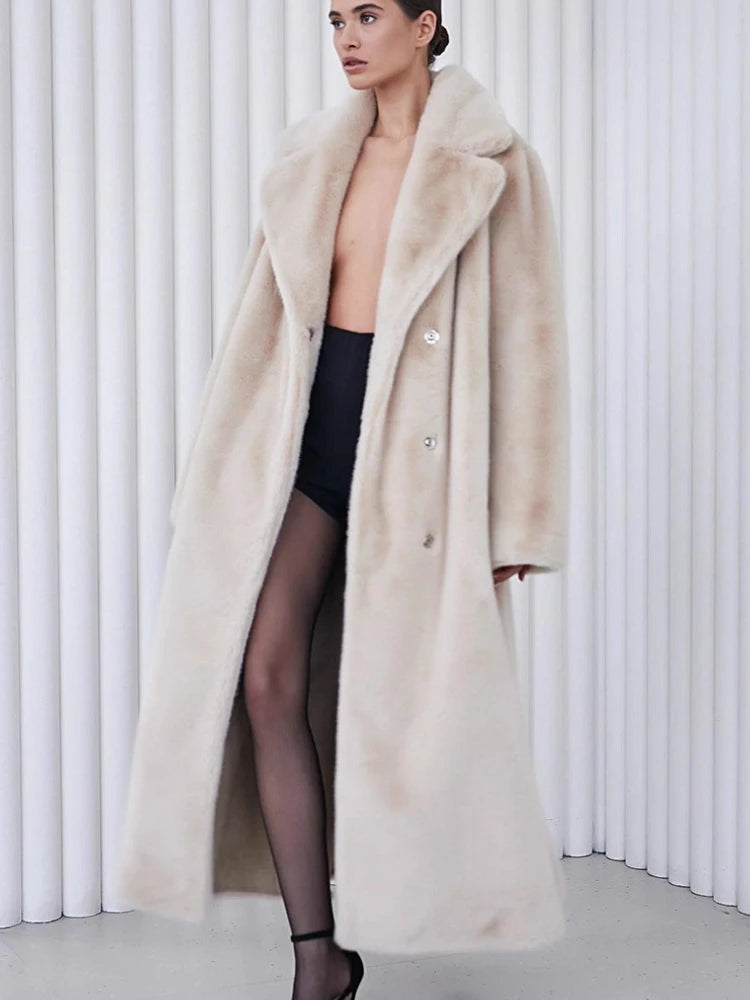 Manteau Long en Fausse Fourrure Femme – Coupe Ample, Col Rabattu, Luxe Streetwear Hiver 2025