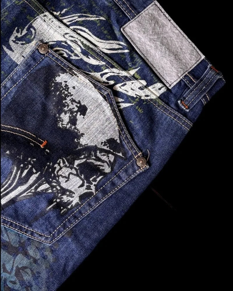 Jean Y2K Baggy Homme Imprimé Blue Washed Hip Hop Rock Wide Leg | Multi-Coloris M-XXL