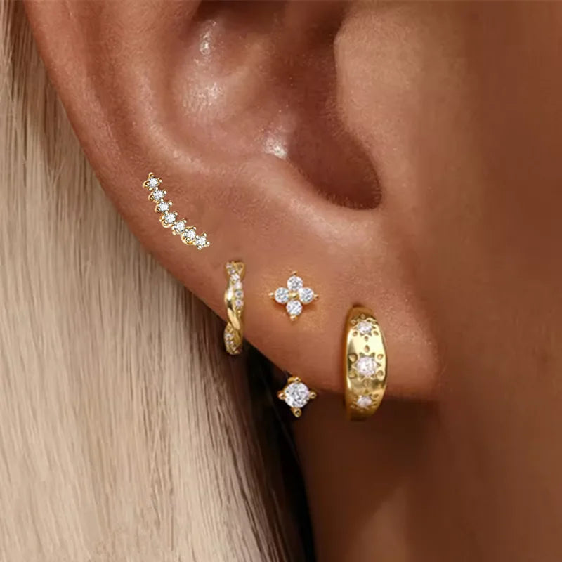 Lot de 4 Boucles d'Oreilles Créoles Zirconia – Étoile & Fleur, Acier Inoxydable, Femme