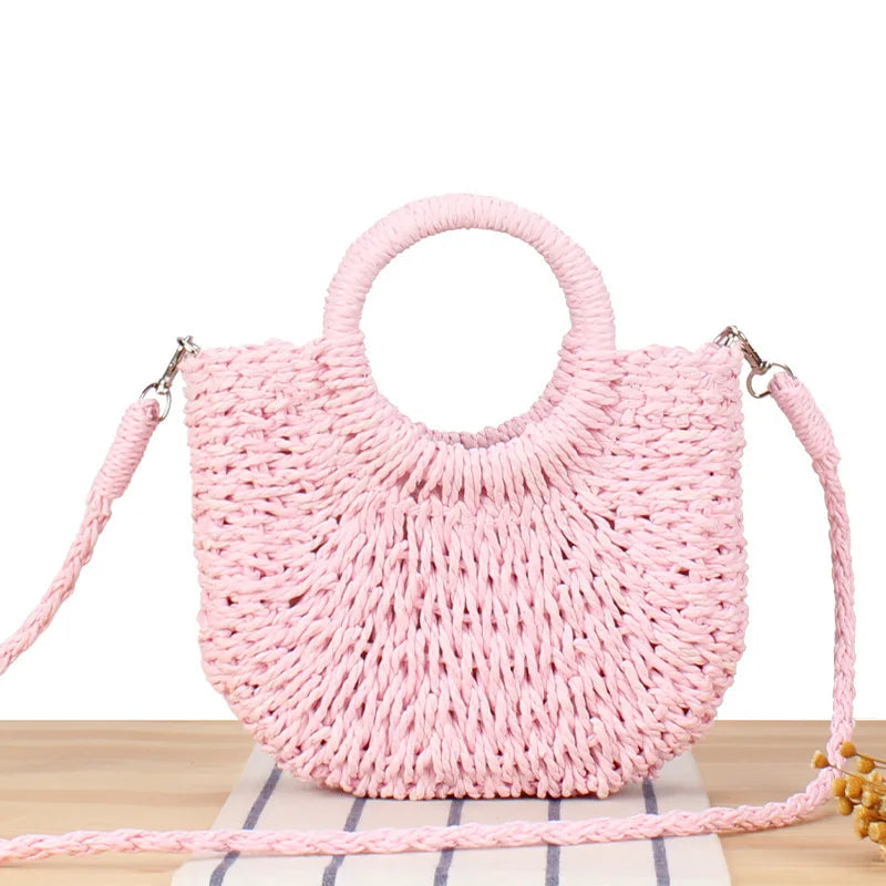 Sac de Plage en Paille Tressée Demi-Lune – Grande Capacité, Bandoulière & Épaule
