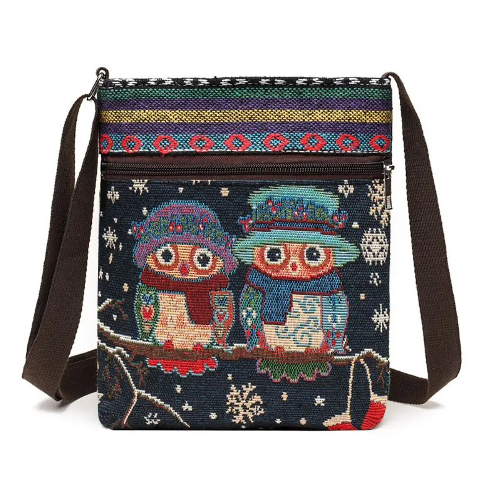 Women Square Small Canvas Embroidered Phone Shoulder Bag Retro Ethnic Style Travel Outdoor Messenger Crossbody Bag Handbags ﻿