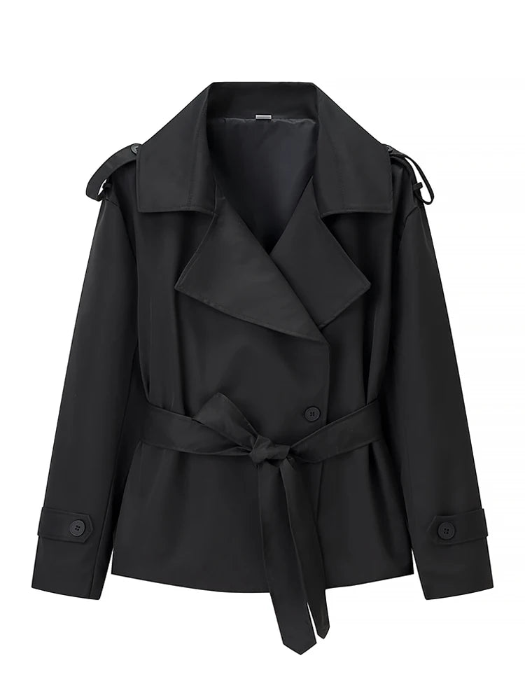 Solid Lace Up Short Windbreaker Women Elegant Full Sleeve Button Loose Chic Trench Coat New Office Lady Daily Commute Outwear