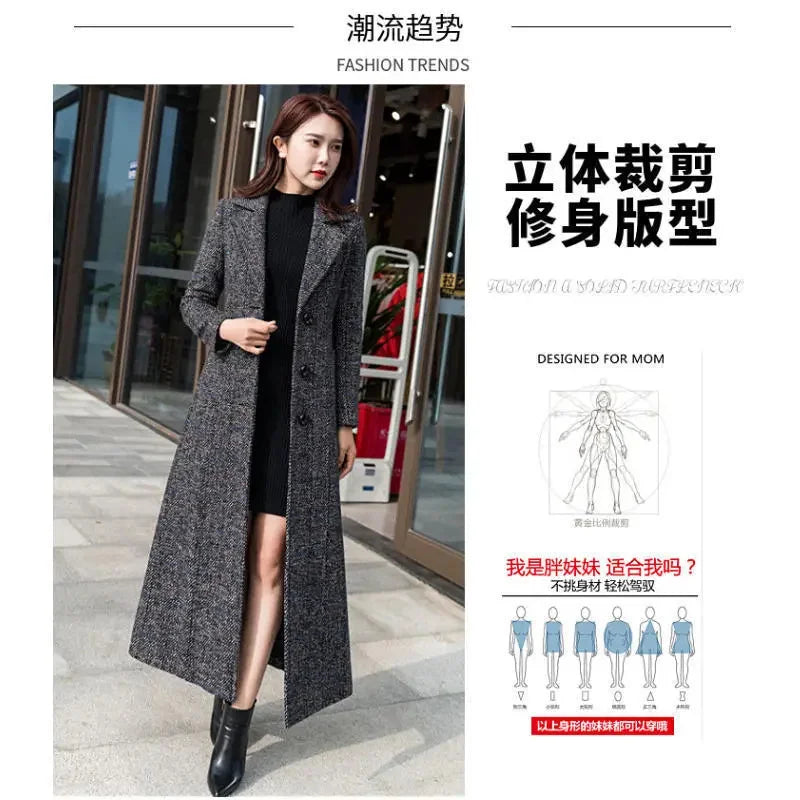 Manteau Long Femme Style Coréen – Laine Épaisse, Coupe Slim, Carreaux, Longueur Genou
