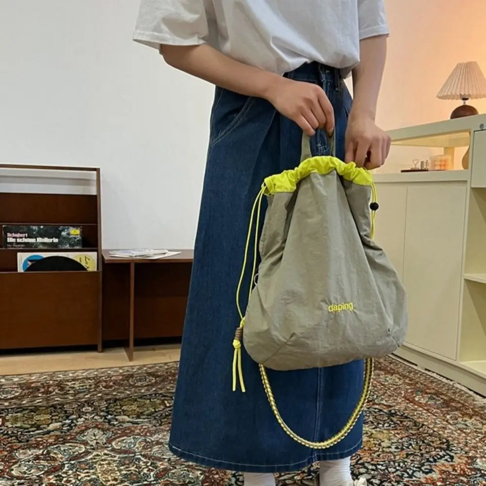 Leisure Lightweight Shoulder Bag Letter Contrast Color Crossbody Bag Large Capacity Nylon Drawstring Bag Girls