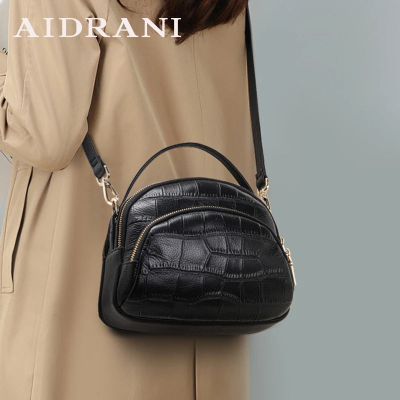 Aidrani New crocodile patterned women's single shoulder crossbody bag, made of cowhide, round black