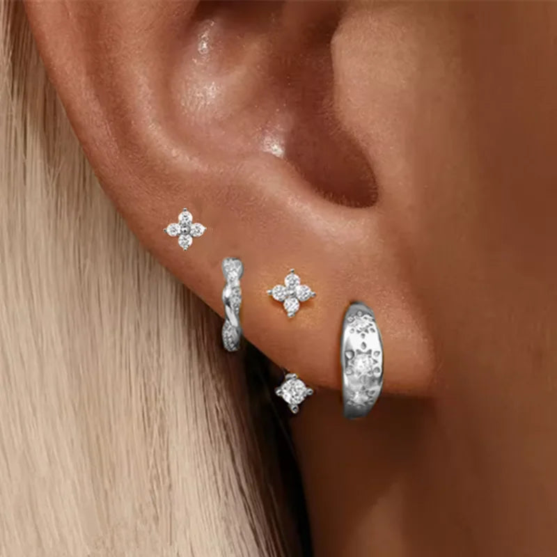 Lot de 4 Boucles d'Oreilles Créoles Zirconia – Étoile & Fleur, Acier Inoxydable, Femme