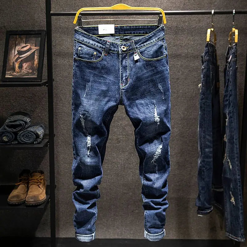 Jean Slim Straight Élastique Homme Ripped Délavé American Korean Style 9 Coloris Tailles 28-38