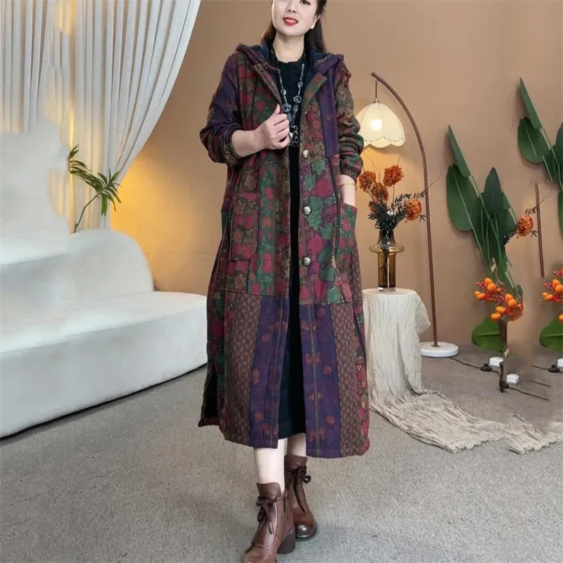 Women's Trench Coat Cotton Linen Hooded Loose Long Thick Autumn Winter Plus Velvet Windbreaker 2026 New Warm Printed Outerwear
