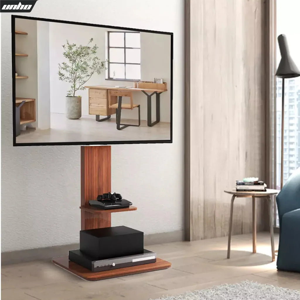 Support TV Sol Universel Unho – Hauteur Réglable | TV 32-65" | VESA 400x600 | Métal + Bois | 40 kg