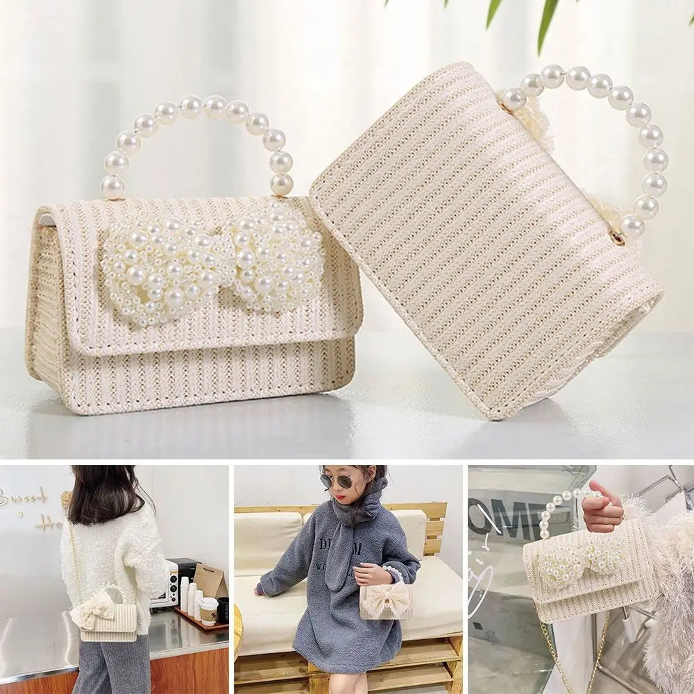Summer Simple Straw Bag Pearl Bowknot Messenger Bag Fashion Holiday Crossbody Bag Women