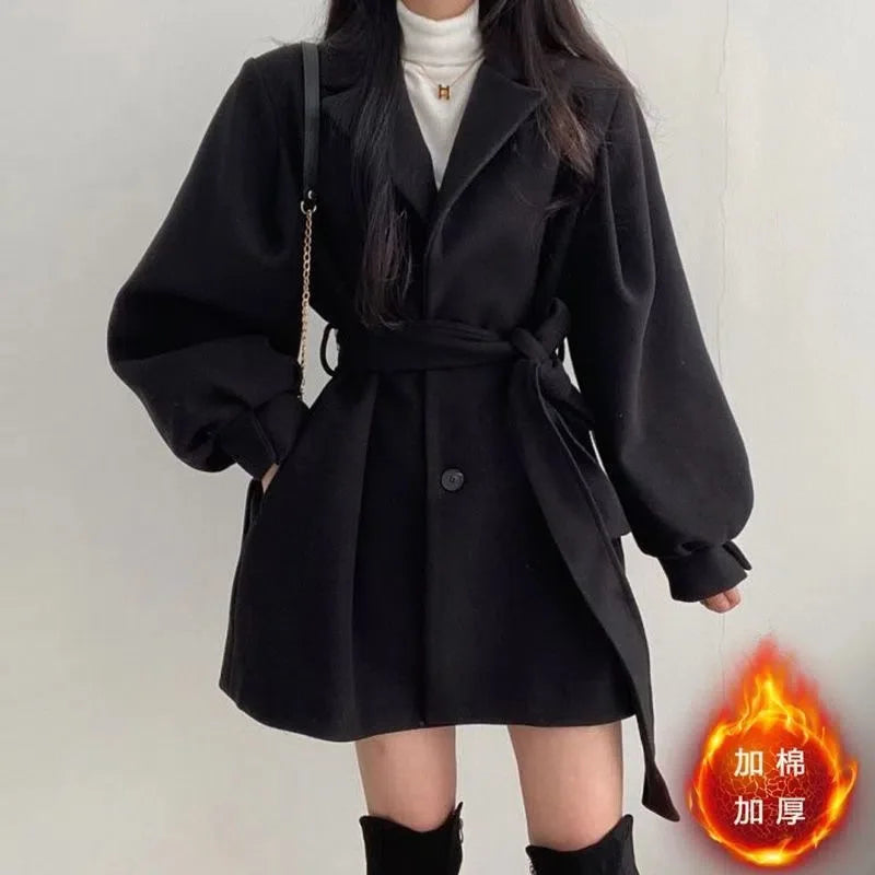 Manteau en Laine Femme – Veste Chic Manches Ballon, Col Tailleur & Laçage Vintage
