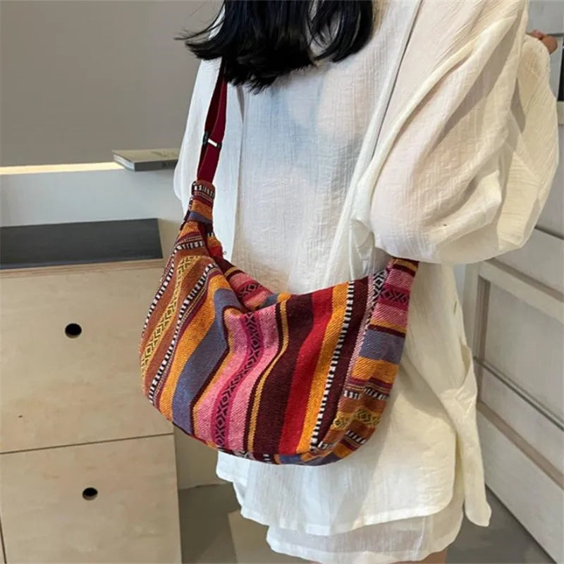 Tribal Style Shoulder Bag, Foldable Crossbody with Zipper Closure, Striped Pattern, Flag Theme Hand Washable Edge Painted Lining