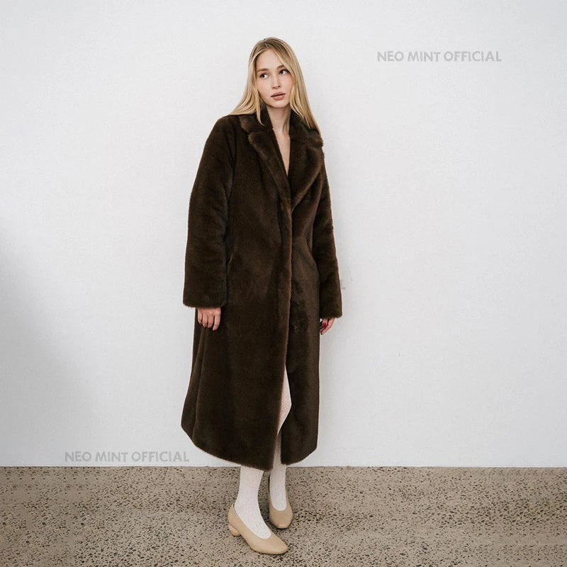 Neo Mint - Manteau Long en Fausse Fourrure de Vison pour Femme, Veste d'Hiver de Luxe avec Fermetures Cristal