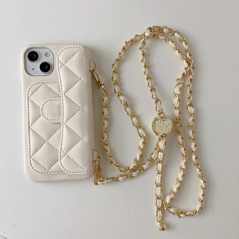 Coque iPhone Cuir PU Texture Litchi – Portefeuille, Bandoulière & Porte-Carte