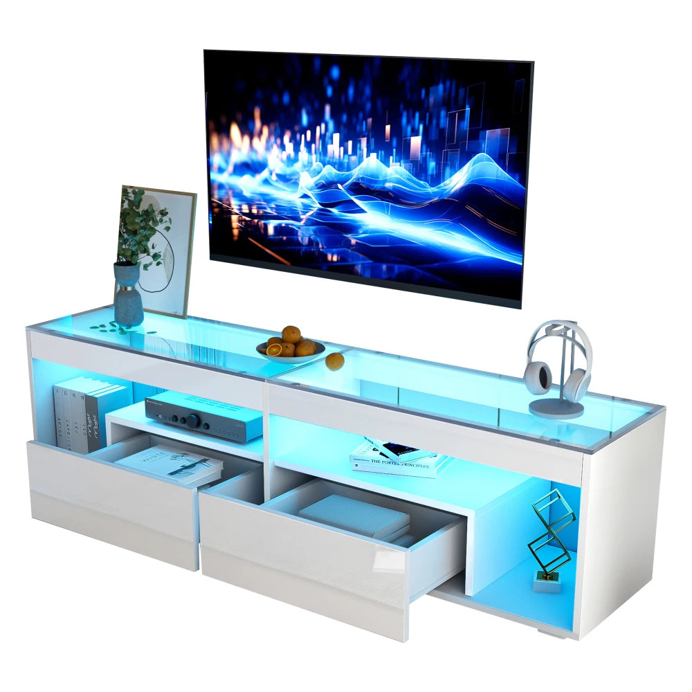 Meuble TV LED Haute Brillance 180x40x46 cm – Verre Trempé | 2 Tiroirs | TV 70" | Blanc ou Noir