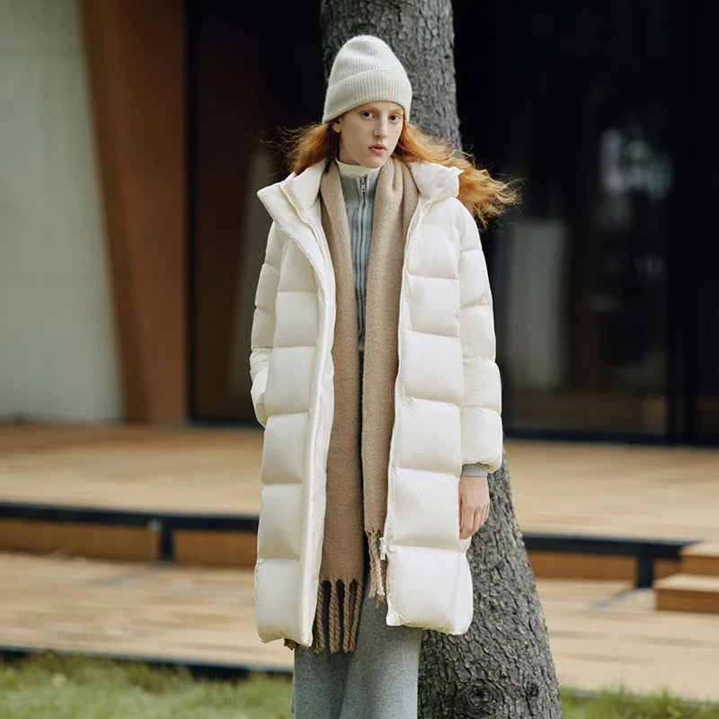 Doudoune Longue Femme Imperméable à Capuche – Duvet de Canard 90%, Coupe Ample, Hiver 2025