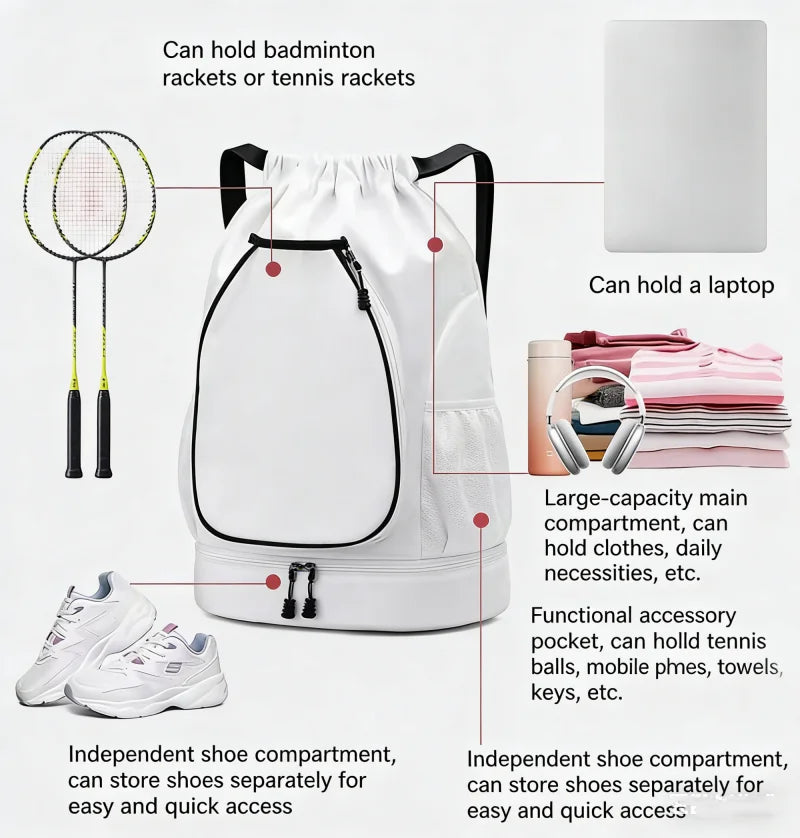 Lightweight Badminton Tennis Racket Backpack Holds 2 Rackets Drawstring Sports Bag Large Capacity With Shoes Compartment Bags