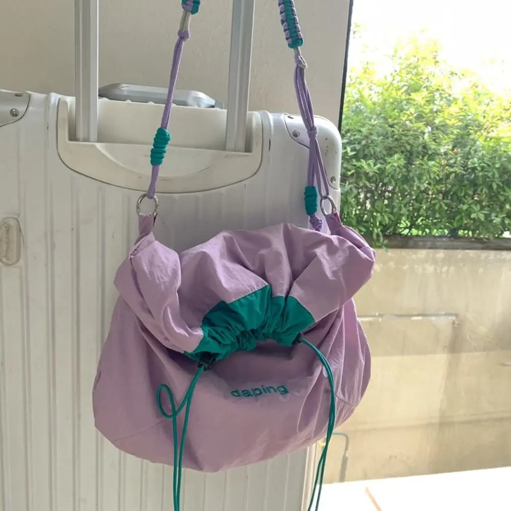 Leisure Lightweight Shoulder Bag Letter Contrast Color Crossbody Bag Large Capacity Nylon Drawstring Bag Girls
