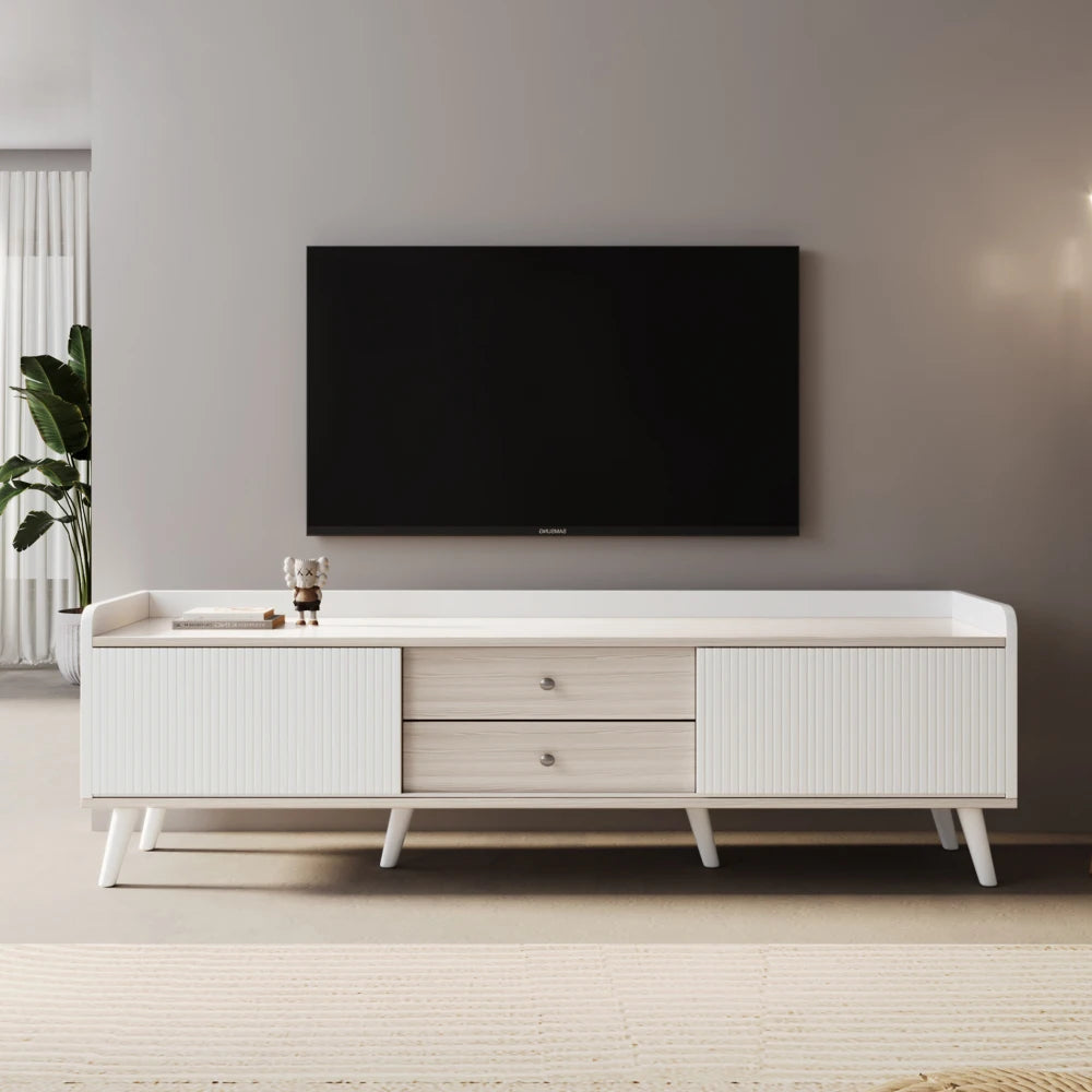 Console TV Bicolore 160x40x58 cm – Noir & Bois | 2 Tiroirs | Portes Coulissantes | Style Scandinave | Salon