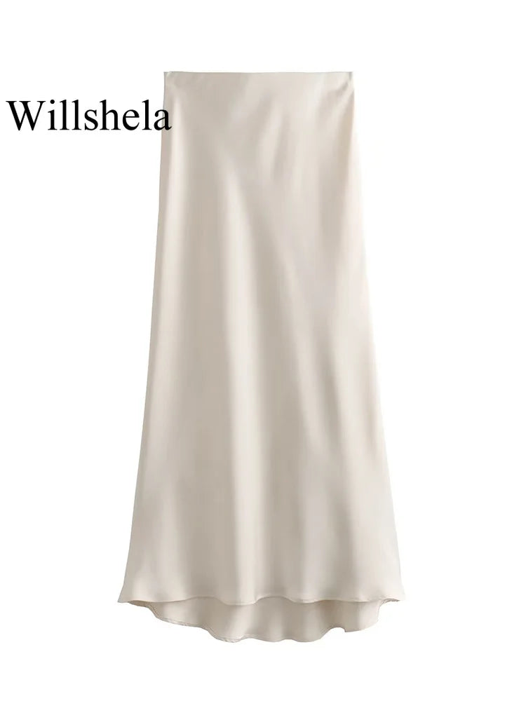 Willshela 2024 Schwarzer Satinrock Damen Hohe Taille Elegante Lange Röcke Für Frauen Mode Sommer Midirock Büro Damenröcke
