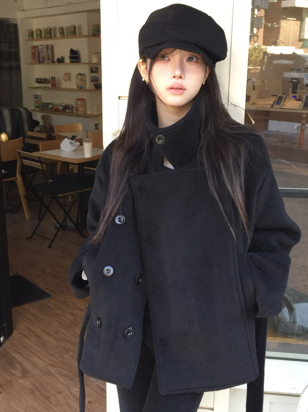 Manteau Femme Col Montant Style Rétro Japonais – Veste Laine Longue Ceinturée
