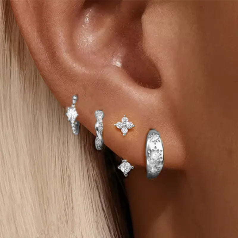 Lot de 4 Boucles d'Oreilles Créoles Zirconia – Étoile & Fleur, Acier Inoxydable, Femme